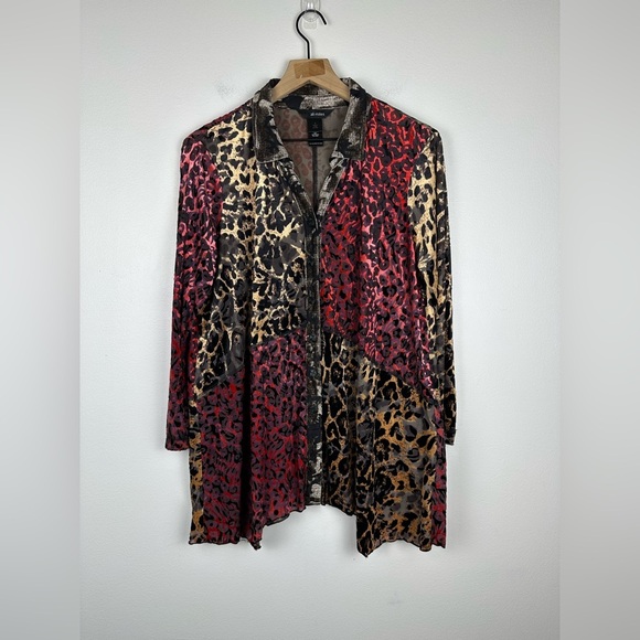 Ali Miles Artsy Leopard Print Velvet Burnout Muliticolor Button Up Blouse Sz L - Picture 1 of 6